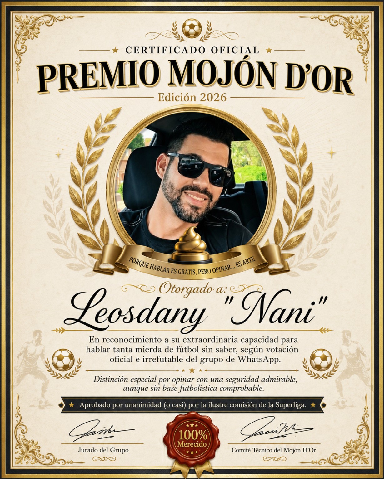 Certificado del Premio Mojón D'Or otorgado a Nani